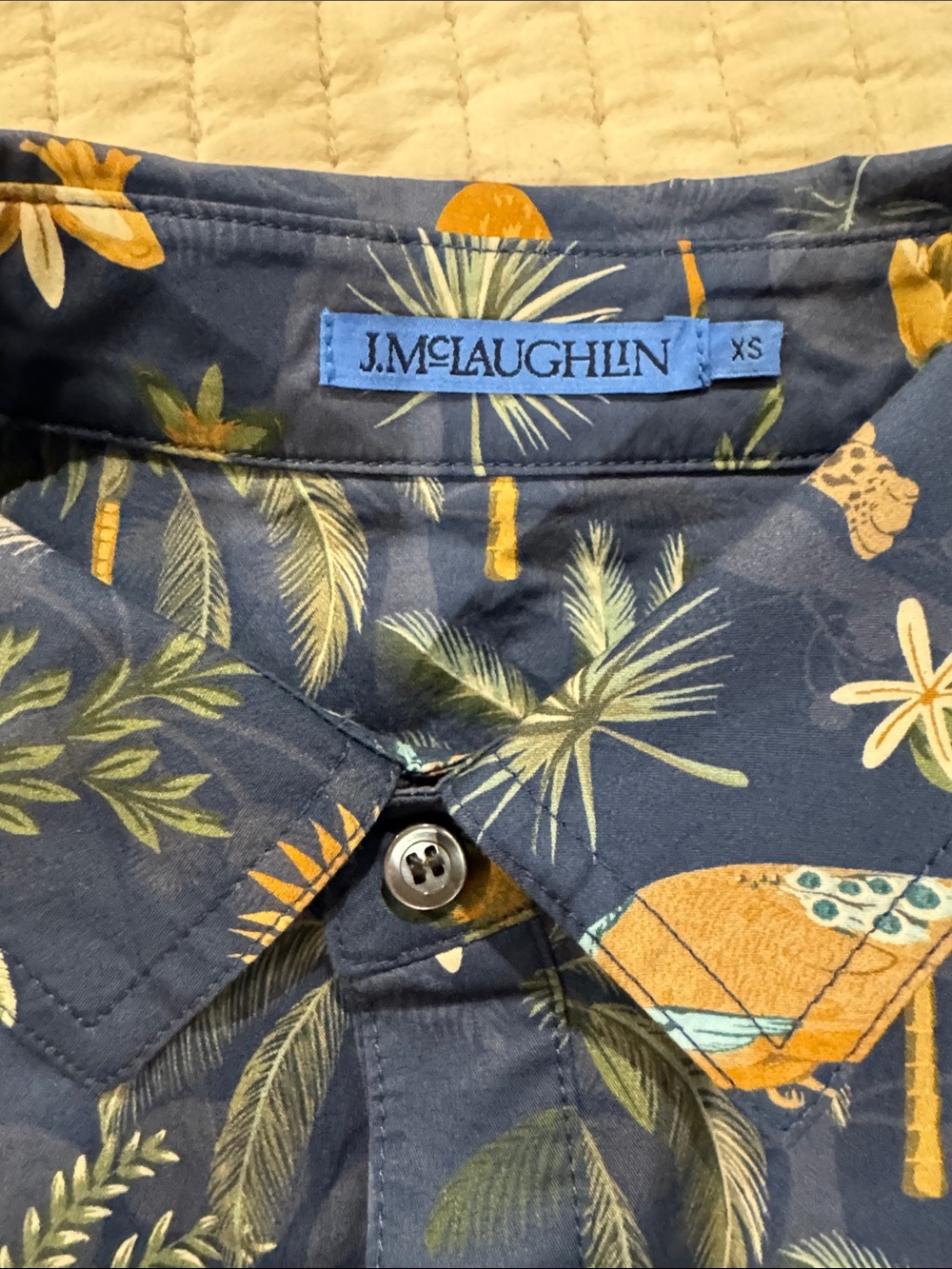 J. McLaughlin Navy Tropical Palm & Exotic Bird Print Shirt - Picture 2 of 3